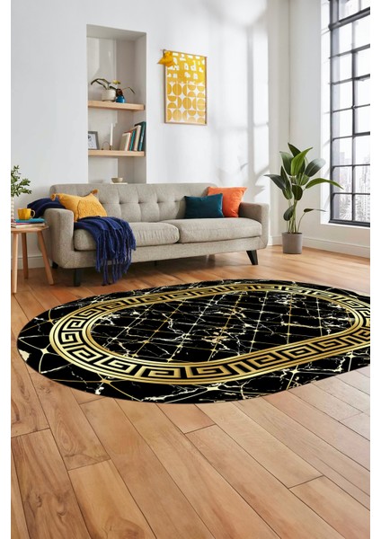 Çerçeveli Mermer Desen Dijital Kaymaz Yıkanabilir Oval Yolluk Salon Halısı, O-Mermer-18-Siyah, fiyatları