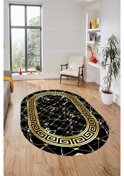 Çerçeveli Mermer Desen Dijital Kaymaz Yıkanabilir Oval Yolluk Salon Halısı, O-Mermer-18-Siyah, modelleri