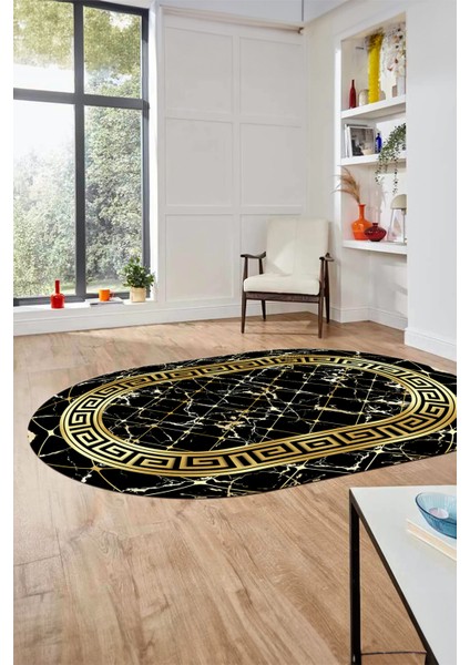 Çerçeveli Mermer Desen Dijital Kaymaz Yıkanabilir Oval Yolluk Salon Halısı, O-Mermer-18-Siyah, fırsatları