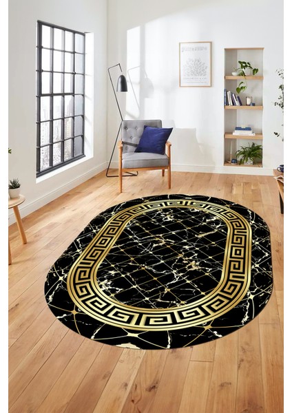 Çerçeveli Mermer Desen Dijital Kaymaz Yıkanabilir Oval Yolluk Salon Halısı, O-Mermer-18-Siyah, indirimleri