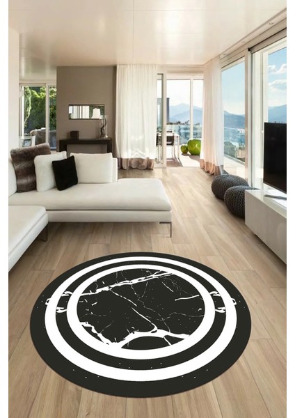 Sade Mermer Desen Kaymaz Yıkanabilir Yuvarlak Mutfak Salon Halısı, Y-Mermer-22-Antrasit,