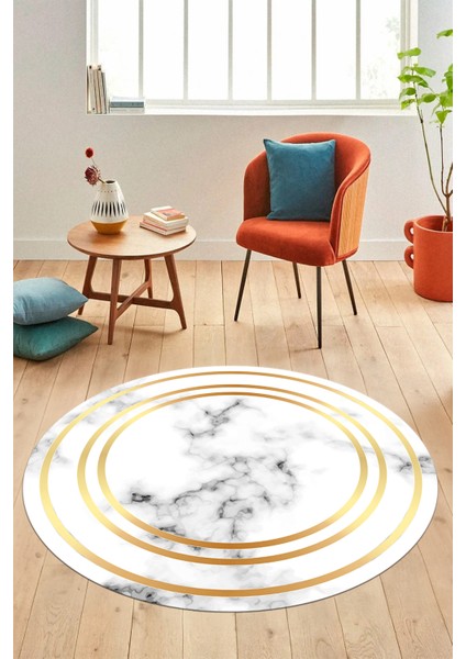 Baskılı Kaymaz Yıkanabilir Modern Mermer Desenli Yuvarlak Mutfak Salon Halısı, Y-Mermer-05-Gold,