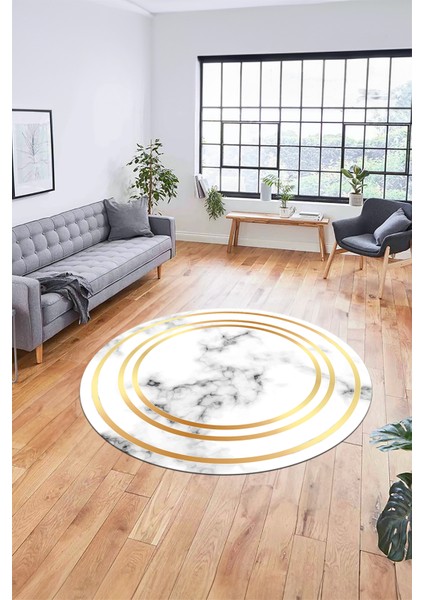 Baskılı Kaymaz Yıkanabilir Modern Mermer Desenli Yuvarlak Mutfak Salon Halısı, Y-Mermer-05-Gold,