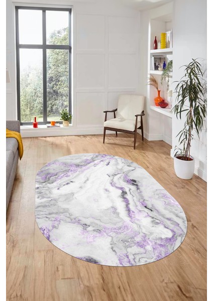 Modern Mermer Desen Kaymaz Yıkanabilir Oval Yolluk Mutfak Koridor Salon Halısı, O-Mermer-26-Mor,