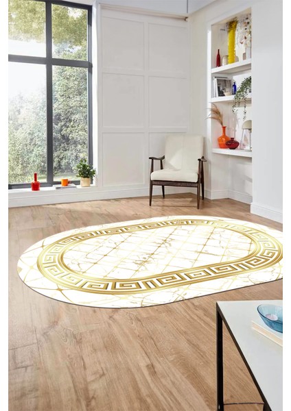Çerçeveli Mermer Desen Dijital Kaymaz Yıkanabilir Oval Yolluk Salon Halısı, O-Mermer-18-Beyaz, fırsatları