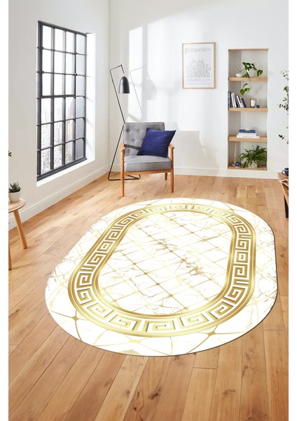 Çerçeveli Mermer Desen Dijital Kaymaz Yıkanabilir Oval Yolluk Salon Halısı, O-Mermer-18-Beyaz, indirimleri