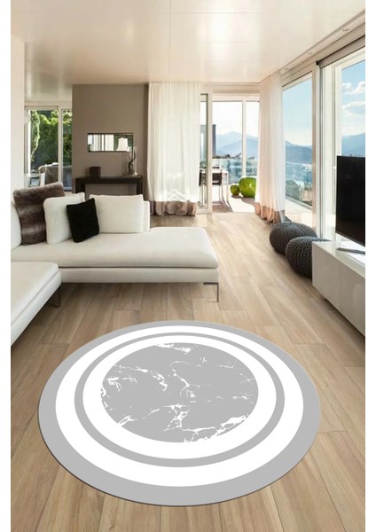 Baskılı Kaymaz Yıkanabilir Şık Mermer Desenli Yuvarlak Mutfak Salon Halısı, Y-Mermer-06-Gri,