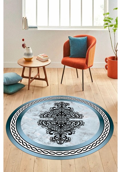 Baskılı Kaymaz Yıkanabilir Klasik Mermer Desen Yuvarlak Mutfak Salon Halısı, Y-Mermer-09-Mavi,
