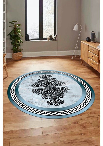 Baskılı Kaymaz Yıkanabilir Klasik Mermer Desen Yuvarlak Mutfak Salon Halısı, Y-Mermer-09-Mavi,