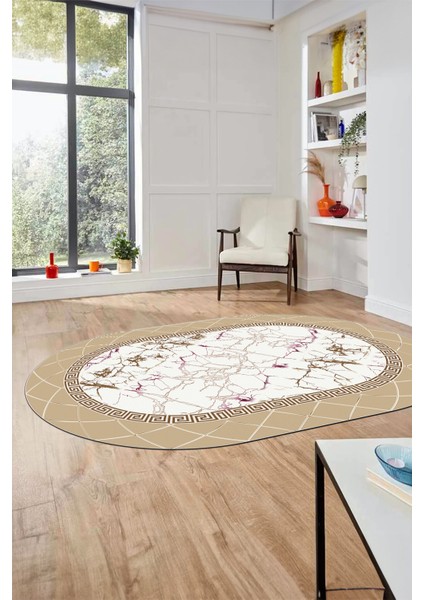 Çerçeveli Mermer Desen Kaymaz Yıkanabilir Oval Yolluk Koridor Salon Halısı, O-Mermer-23-Krem, modelleri