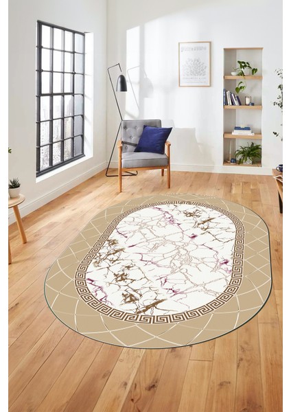 Çerçeveli Mermer Desen Kaymaz Yıkanabilir Oval Yolluk Koridor Salon Halısı, O-Mermer-23-Krem, fırsatları