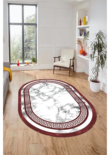 Mermer Desen Kaymaz Yıkanabilir Oval Yolluk Mutfak Koridor Salon Halısı, O-Mermer-21-Bordo,