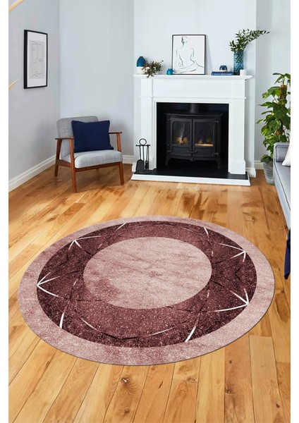Şık Mermer Desenli Dijital Kaymaz Yıkanabilir Yuvarlak Salon Halısı, Y-Mermer-13-Bordo,
