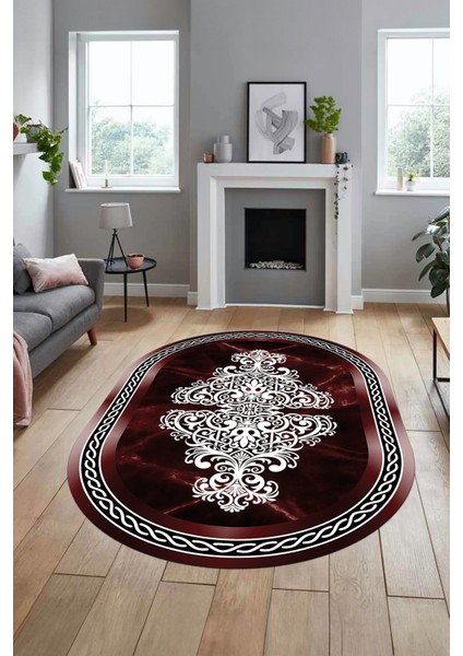 Baskılı Kaymaz Yıkanabilir Klasik Mermer Desen Oval Mutfak Yolluk Salon Halısı, O-Mermer-09-Bordo,