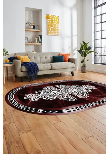 Baskılı Kaymaz Yıkanabilir Klasik Mermer Desen Oval Mutfak Yolluk Salon Halısı, O-Mermer-09-Bordo, fırsatları