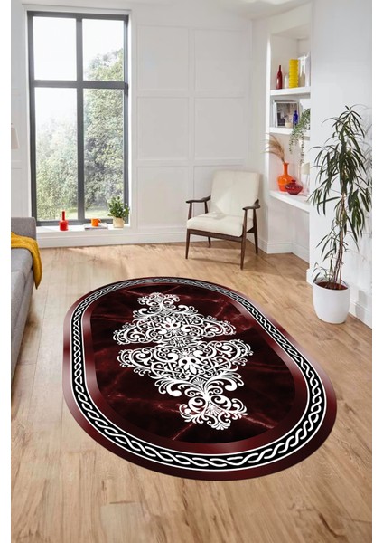 Baskılı Kaymaz Yıkanabilir Klasik Mermer Desen Oval Mutfak Yolluk Salon Halısı, O-Mermer-09-Bordo, indirimleri