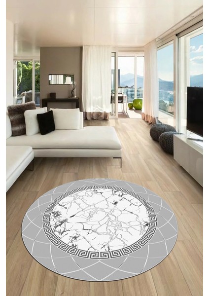 Çerçeveli Mermer Desen Kaymaz Yıkanabilir Yuvarlak Mutfak Salon Halısı, Y-Mermer-23-Gri,