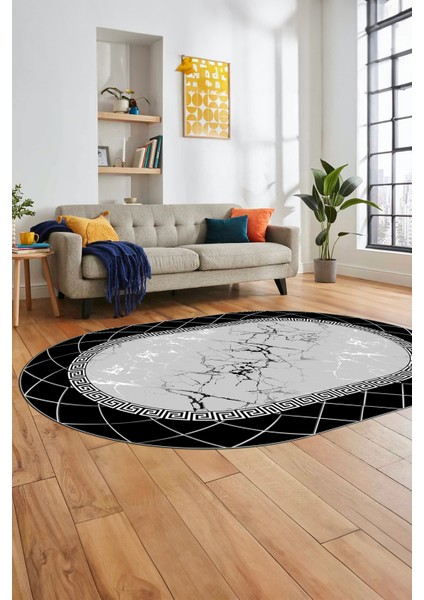 Çerçeveli Mermer Desen Kaymaz Yıkanabilir Oval Yolluk Koridor Salon Halısı, O-Mermer-23-Siyah,