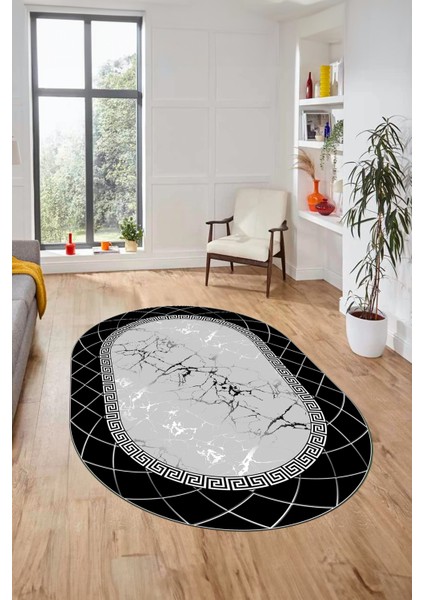 Çerçeveli Mermer Desen Kaymaz Yıkanabilir Oval Yolluk Koridor Salon Halısı, O-Mermer-23-Siyah, fiyatları