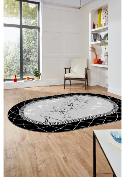 Çerçeveli Mermer Desen Kaymaz Yıkanabilir Oval Yolluk Koridor Salon Halısı, O-Mermer-23-Siyah, modelleri