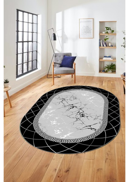 Çerçeveli Mermer Desen Kaymaz Yıkanabilir Oval Yolluk Koridor Salon Halısı, O-Mermer-23-Siyah, fırsatları