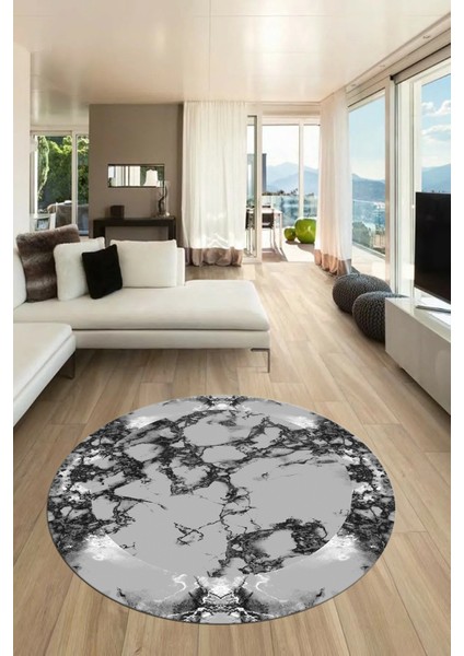Modern Tasarım Mermer Desen Dijital Kaymaz Yıkanabilir Yuvarlak Salon Halısı, Y-Mermer-30-Gri,
