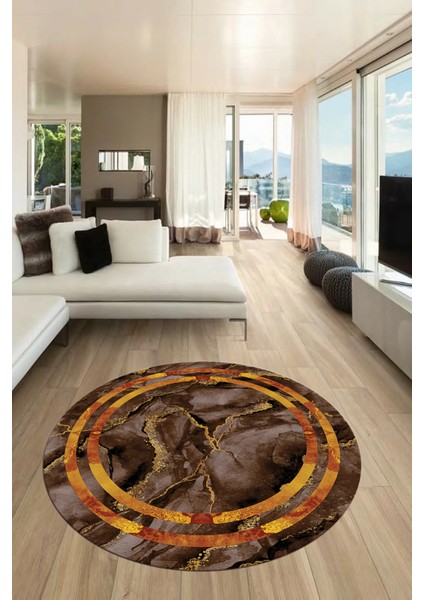 Baskılı Kaymaz Yıkanabilir Çerçeveli Mermer Desenli Yuvarlak Mutfak Salon Halısı, Y-Mermer-04-Kahve,