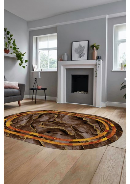 Baskılı Kaymaz Yıkanabilir Çerçeve Mermer Desen Oval Mutfak Yolluk Salon Halısı, O-Mermer-04-Kahve, fırsatları