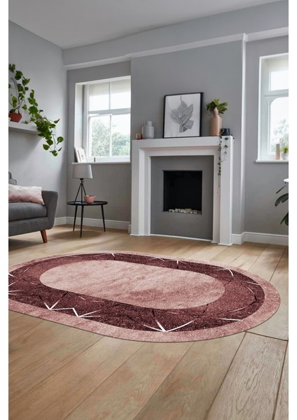 Şık Mermer Desenli Dijital Kaymaz Yıkanabilir Oval Yolluk Koridor Salon Halısı, O-Mermer-13-Bordo,