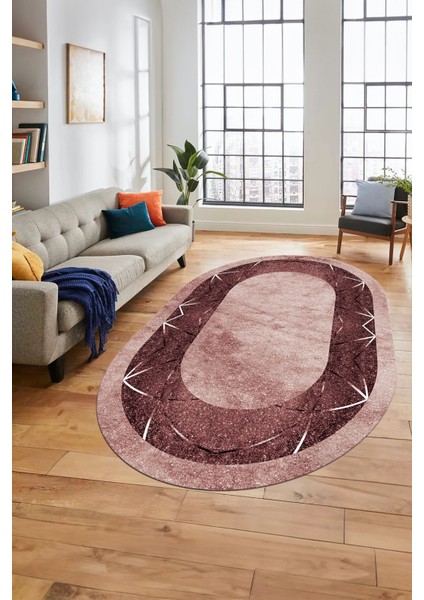 Şık Mermer Desenli Dijital Kaymaz Yıkanabilir Oval Yolluk Koridor Salon Halısı, O-Mermer-13-Bordo,