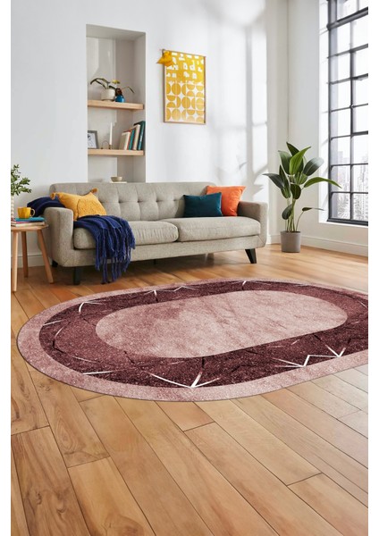 Şık Mermer Desenli Dijital Kaymaz Yıkanabilir Oval Yolluk Koridor Salon Halısı, O-Mermer-13-Bordo,