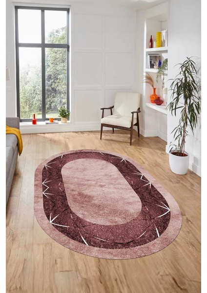 Şık Mermer Desenli Dijital Kaymaz Yıkanabilir Oval Yolluk Koridor Salon Halısı, O-Mermer-13-Bordo,