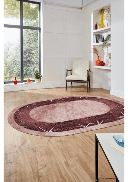 Şık Mermer Desenli Dijital Kaymaz Yıkanabilir Oval Yolluk Koridor Salon Halısı, O-Mermer-13-Bordo,