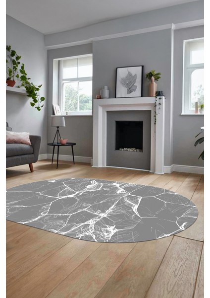 Baskılı Kaymaz Yıkanabilir Mermer Desen Oval Mutfak Yolluk Salon Halısı, O-Mermer-01-Gri,