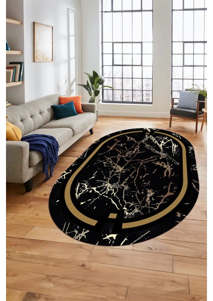 Baskılı Kaymaz Yıkanabilir Zarif Mermer Desenli Oval Mutfak Yolluk Salon Halısı, O-Mermer-07-Siyah, fırsatları