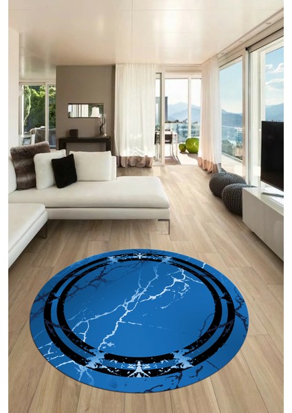 Baskılı Kaymaz Yıkanabilir Mermer Desen Modern Yuvarlak Mutfak Salon Halısı, Y-Mermer-08-Mavi,