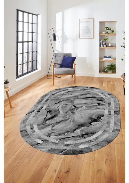 Baskılı Kaymaz Yıkanabilir Çerçeve Mermer Desen Oval Mutfak Yolluk Salon Halısı, O-Mermer-04-Gri,