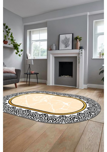 Dijital Kaymaz Yıkanabilir Mermer Desen Oval Mutfak Koridor Salon Halısı, O-Mermer-10-Krem,