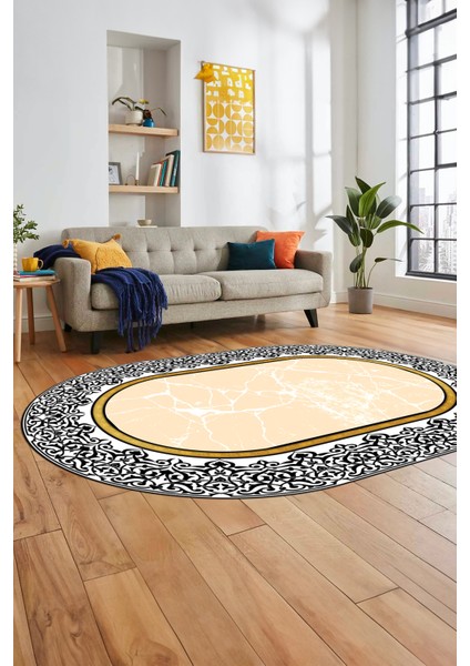 Dijital Kaymaz Yıkanabilir Mermer Desen Oval Mutfak Koridor Salon Halısı, O-Mermer-10-Krem,
