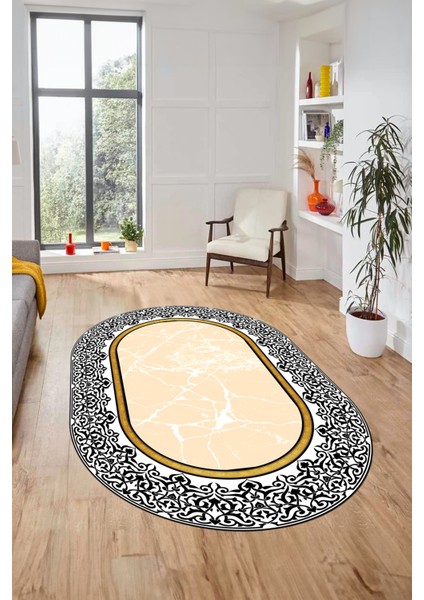 Dijital Kaymaz Yıkanabilir Mermer Desen Oval Mutfak Koridor Salon Halısı, O-Mermer-10-Krem,