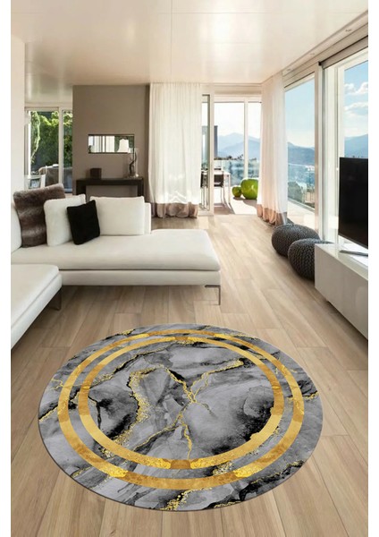 Baskılı Kaymaz Yıkanabilir Çerçeveli Mermer Desenli Yuvarlak Mutfak Salon Halısı, Y-Mermer-04-Gold,