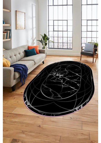 Şık Tasarım Mermer Desen Dijital Kaymaz Yıkanabilir Oval Yolluk Salon Halısı, O-Mermer-17-Siyah,