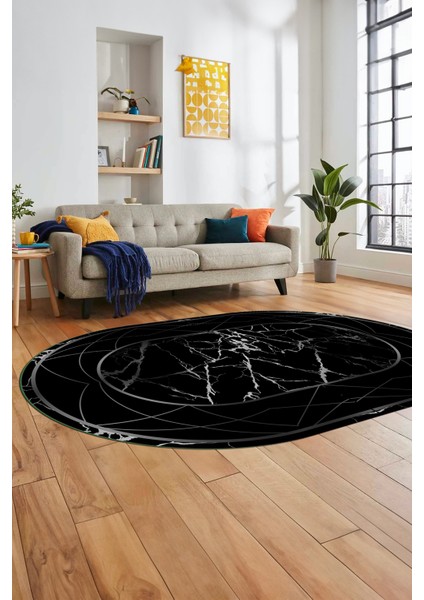 Şık Tasarım Mermer Desen Dijital Kaymaz Yıkanabilir Oval Yolluk Salon Halısı, O-Mermer-17-Siyah,