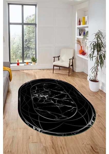 Şık Tasarım Mermer Desen Dijital Kaymaz Yıkanabilir Oval Yolluk Salon Halısı, O-Mermer-17-Siyah,