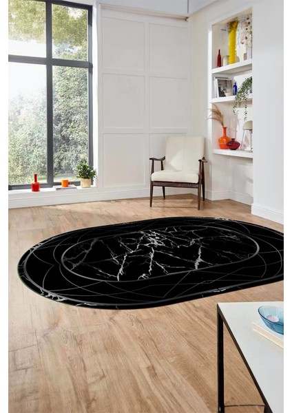 Şık Tasarım Mermer Desen Dijital Kaymaz Yıkanabilir Oval Yolluk Salon Halısı, O-Mermer-17-Siyah,