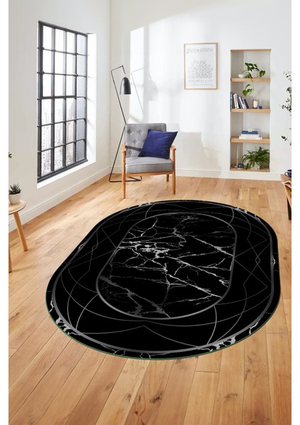 Şık Tasarım Mermer Desen Dijital Kaymaz Yıkanabilir Oval Yolluk Salon Halısı, O-Mermer-17-Siyah,
