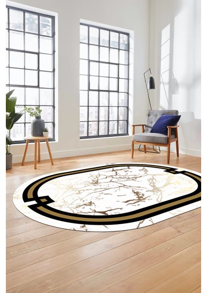 Baskılı Kaymaz Yıkanabilir Zarif Mermer Desenli Oval Mutfak Yolluk Salon Halısı, O-Mermer-07-Beyaz,