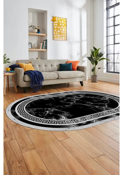 Mermer Desen Kaymaz Yıkanabilir Oval Yolluk Mutfak Koridor Salon Halısı, O-Mermer-21-Siyah,