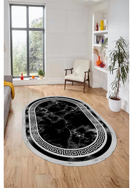 Mermer Desen Kaymaz Yıkanabilir Oval Yolluk Mutfak Koridor Salon Halısı, O-Mermer-21-Siyah,