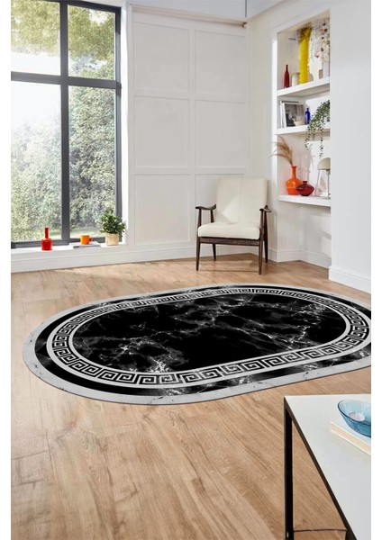 Mermer Desen Kaymaz Yıkanabilir Oval Yolluk Mutfak Koridor Salon Halısı, O-Mermer-21-Siyah,